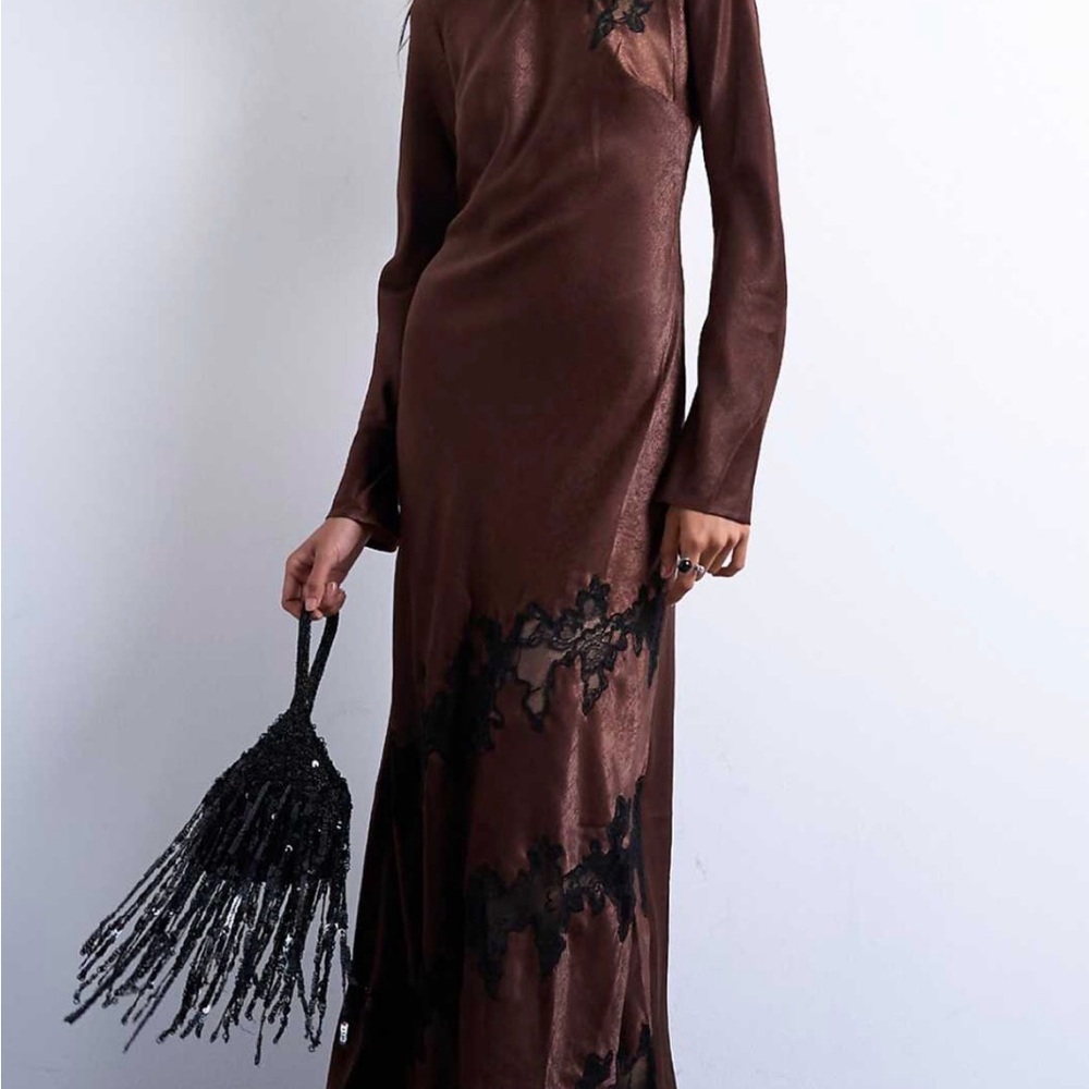Topshop Brown Satin Maxi Dress with Black Lace Detail